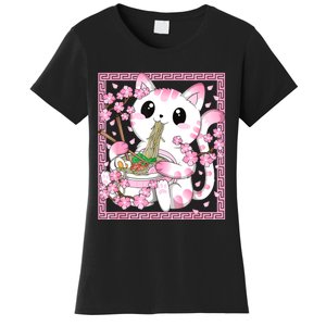 Pink Kawaii Cat Ramen Noodles Anime Japanese Cherry Blossom Women's T-Shirt