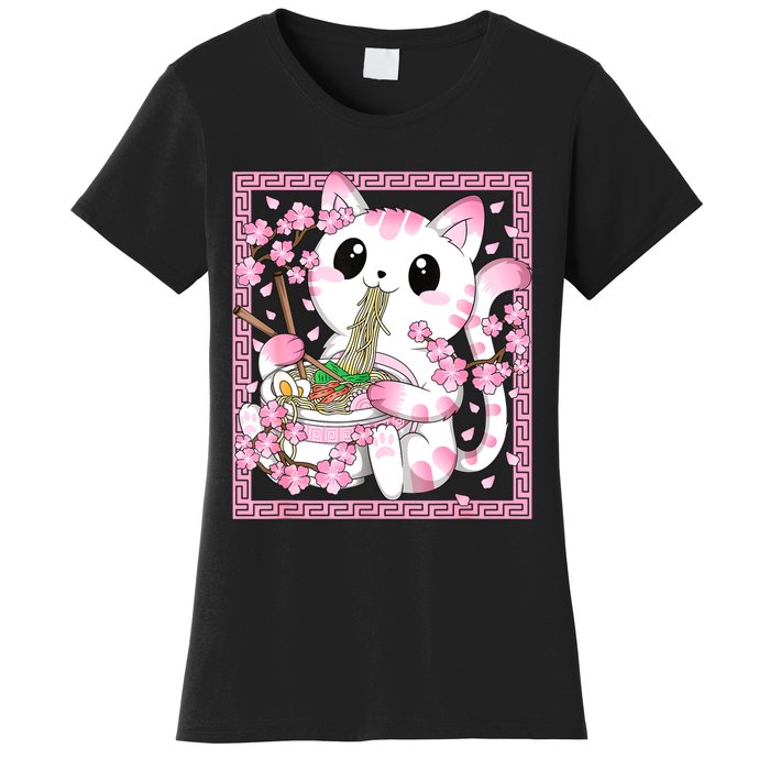 Pink Kawaii Cat Ramen Noodles Anime Japanese Cherry Blossom Women's T-Shirt