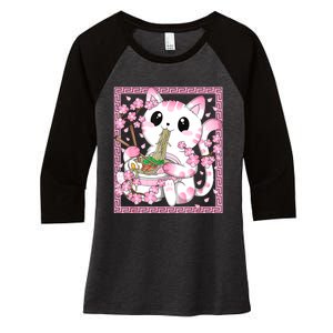 Pink Kawaii Cat Ramen Noodles Anime Japanese Cherry Blossom Women's Tri-Blend 3/4-Sleeve Raglan Shirt