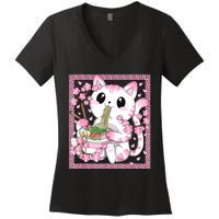 Pink Kawaii Cat Ramen Noodles Anime Japanese Cherry Blossom Women's V-Neck T-Shirt