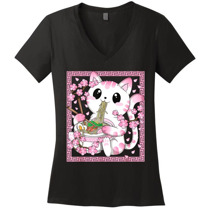 Pink Kawaii Cat Ramen Noodles Anime Japanese Cherry Blossom Women's V-Neck T-Shirt