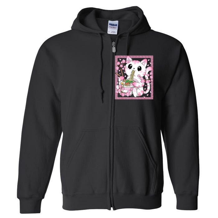 Pink Kawaii Cat Ramen Noodles Anime Japanese Cherry Blossom Full Zip Hoodie