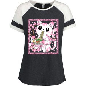 Pink Kawaii Cat Ramen Noodles Anime Japanese Cherry Blossom Enza Ladies Jersey Colorblock Tee