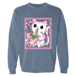 Pink Kawaii Cat Ramen Noodles Anime Japanese Cherry Blossom Garment-Dyed Sweatshirt