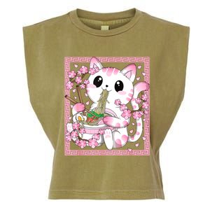 Pink Kawaii Cat Ramen Noodles Anime Japanese Cherry Blossom Garment-Dyed Women's Muscle Tee