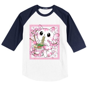 Pink Kawaii Cat Ramen Noodles Anime Japanese Cherry Blossom Baseball Sleeve Shirt