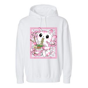 Pink Kawaii Cat Ramen Noodles Anime Japanese Cherry Blossom Garment-Dyed Fleece Hoodie