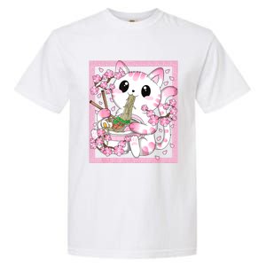 Pink Kawaii Cat Ramen Noodles Anime Japanese Cherry Blossom Garment-Dyed Heavyweight T-Shirt