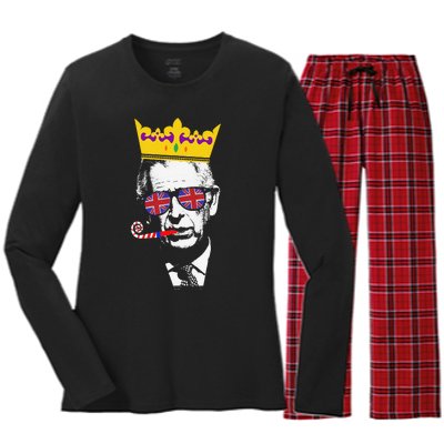 Party King Funny Coronation King Charles Union Jack & Crown Women's Long Sleeve Flannel Pajama Set 