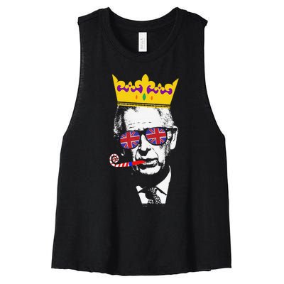 Party King Funny Coronation King Charles Union Jack & Crown Women's Racerback Cropped Tank