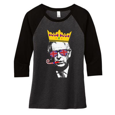 Party King Funny Coronation King Charles Union Jack & Crown Women's Tri-Blend 3/4-Sleeve Raglan Shirt