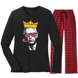 Party King Funny Coronation King Charles Union Jack & Crown Women's Long Sleeve Flannel Pajama Set 