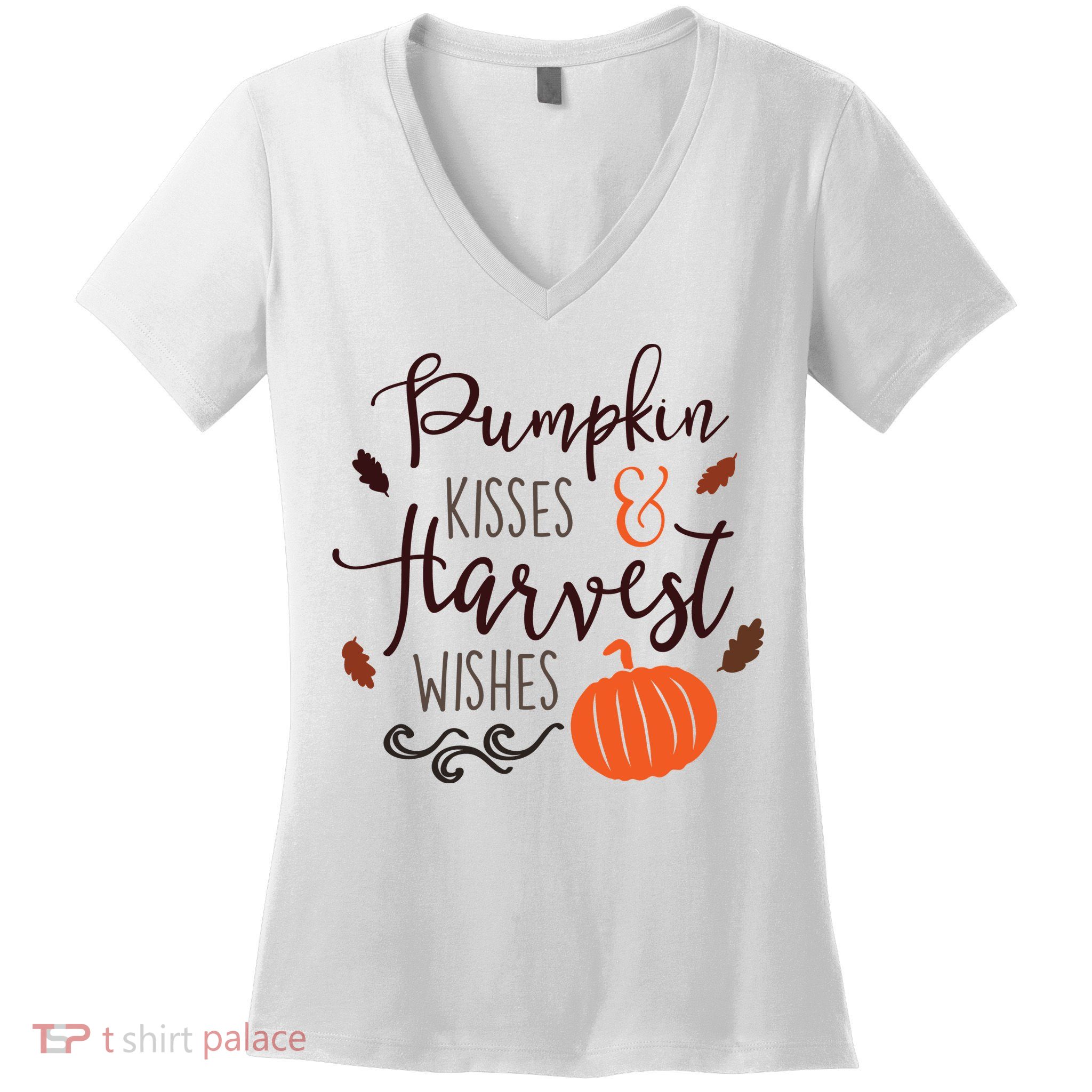 Pumpkin Kisses Harvest Wishes Women's V-Neck T-Shirt