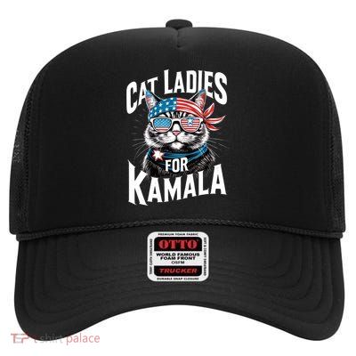 President Kamala Harris Funny Cat Ladies Glasses For Kamala 2024 High Crown Mesh Back Trucker Hat
