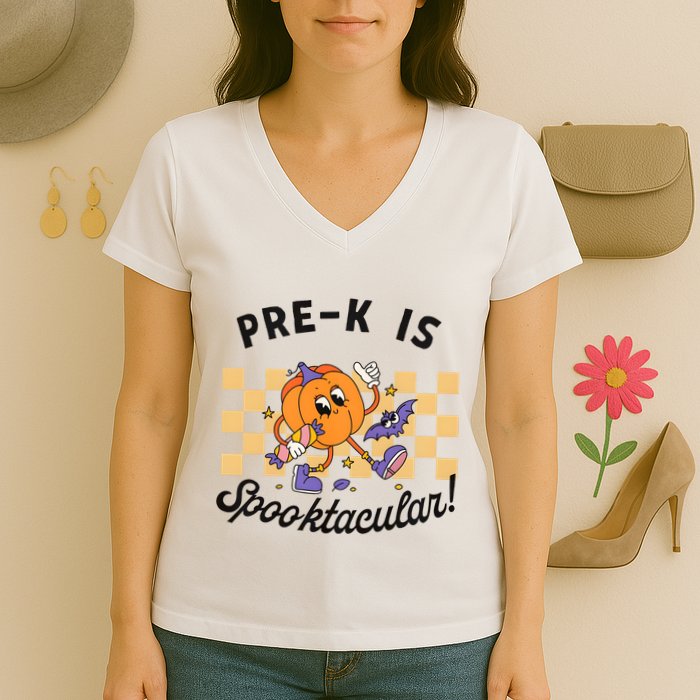 Pre K Is Spooktacular Halloween Pumpkin Spooky Women's V-Neck T-Shirt