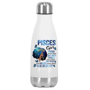 Pisces Knows More Than She Says Black Queen Magic Afro Gift Stainless Steel Insulated Water Bottle