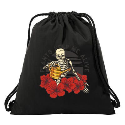 Plants Keep Me Alive Floral Skull Drawstring Bag
