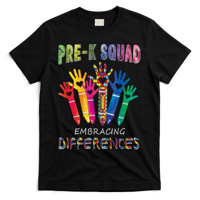 Pre K Squad Embracing Differences Autism SPED Teacher T-Shirt