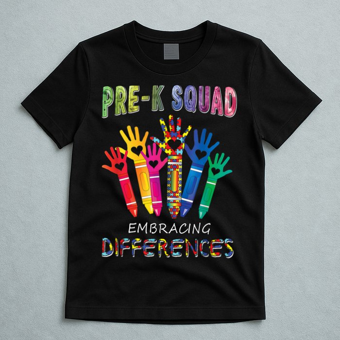 Pre K Squad Embracing Differences Autism SPED Teacher T-Shirt
