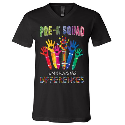Pre K Squad Embracing Differences Autism SPED Teacher V-Neck T-Shirt