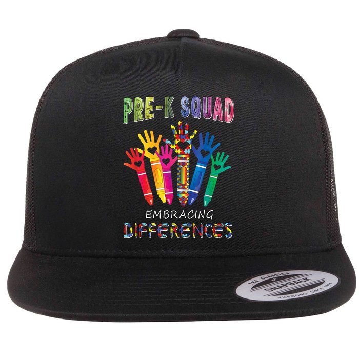 Pre K Squad Embracing Differences Autism SPED Teacher Flat Bill Trucker Hat