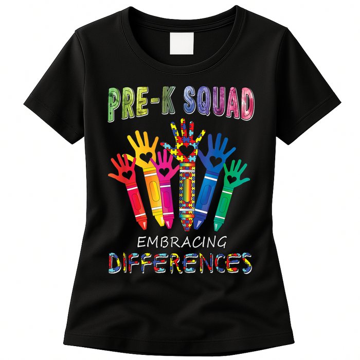 Pre K Squad Embracing Differences Autism SPED Teacher Womens T-Shirt