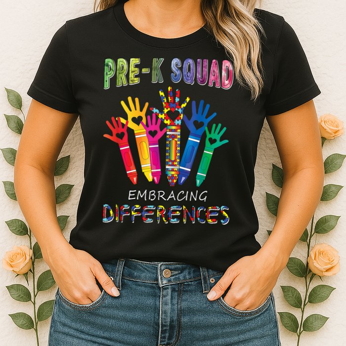 Pre K Squad Embracing Differences Autism SPED Teacher Womens T-Shirt
