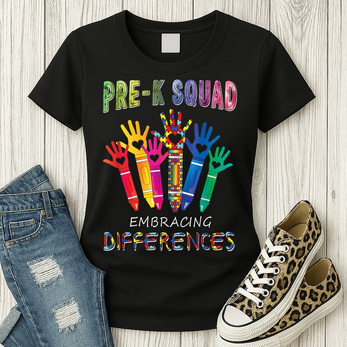 Pre K Squad Embracing Differences Autism SPED Teacher Womens T-Shirt