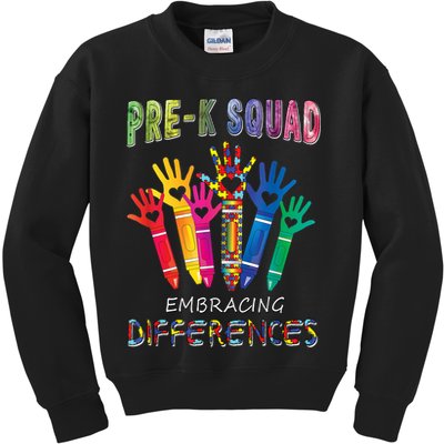 Pre K Squad Embracing Differences Autism SPED Teacher Kids Sweatshirt