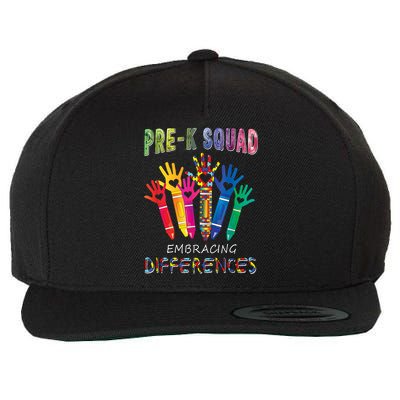 Pre K Squad Embracing Differences Autism SPED Teacher Wool Snapback Cap