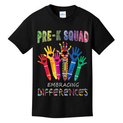 Pre K Squad Embracing Differences Autism SPED Teacher Kids T-Shirt