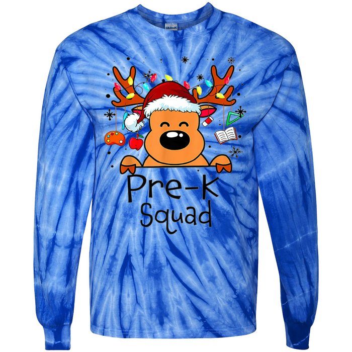 Pre K Squad Reindeer Funny Teacher Christmas Lights Cool Gift Tie-Dye Long Sleeve Shirt