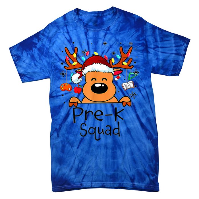 Pre K Squad Reindeer Funny Teacher Christmas Lights Cool Gift Tie-Dye T-Shirt