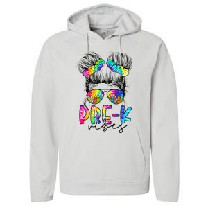 Pre K Vibes Messy Bun Back To School First Day Tie Dye Performance Fleece Hoodie