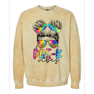 Pre K Vibes Messy Bun Back To School First Day Tie Dye Colorblast Crewneck Sweatshirt