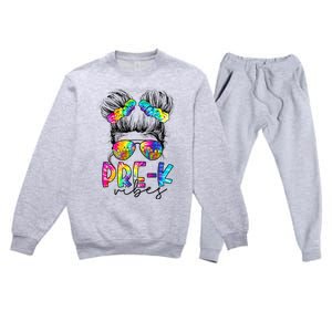 Pre K Vibes Messy Bun Back To School First Day Tie Dye Premium Crewneck Sweatsuit Set