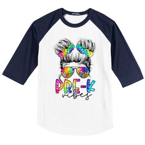 Pre K Vibes Messy Bun Back To School First Day Tie Dye Baseball Sleeve Shirt