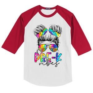 Pre K Vibes Messy Bun Back To School First Day Tie Dye Kids Colorblock Raglan Jersey