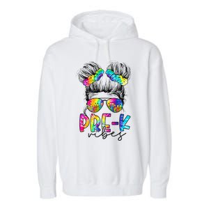 Pre K Vibes Messy Bun Back To School First Day Tie Dye Garment-Dyed Fleece Hoodie