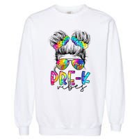 Pre K Vibes Messy Bun Back To School First Day Tie Dye Garment-Dyed Sweatshirt