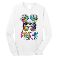 Pre K Vibes Messy Bun Back To School First Day Tie Dye Long Sleeve Shirt