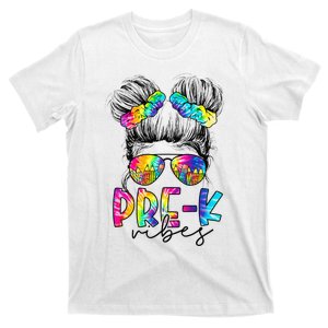 Pre K Vibes Messy Bun Back To School First Day Tie Dye T-Shirt