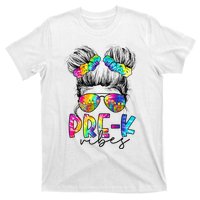 Pre K Vibes Messy Bun Back To School First Day Tie Dye T-Shirt