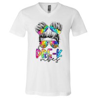 Pre K Vibes Messy Bun Back To School First Day Tie Dye V-Neck T-Shirt