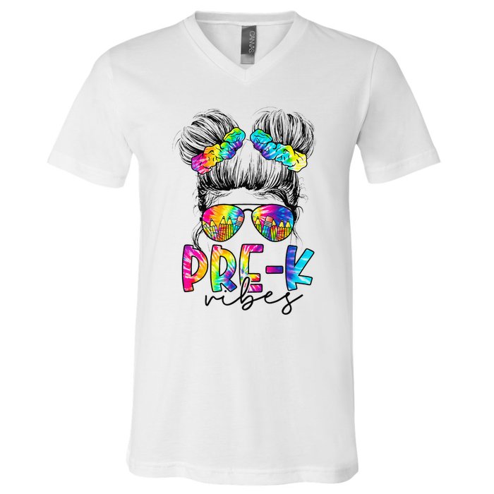 Pre K Vibes Messy Bun Back To School First Day Tie Dye V-Neck T-Shirt