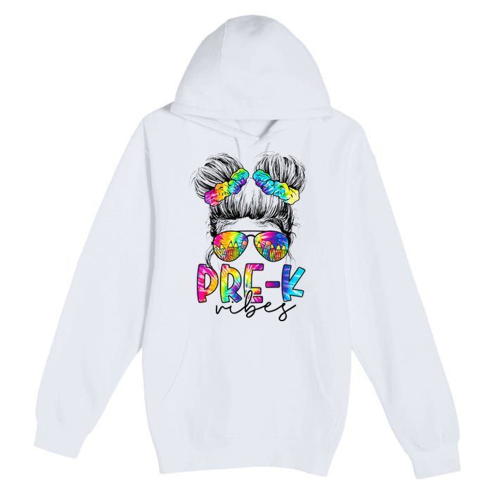 Pre K Vibes Messy Bun Back To School First Day Tie Dye Premium Pullover Hoodie