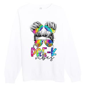 Pre K Vibes Messy Bun Back To School First Day Tie Dye Premium Crewneck Sweatshirt