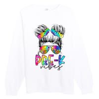 Pre K Vibes Messy Bun Back To School First Day Tie Dye Premium Crewneck Sweatshirt