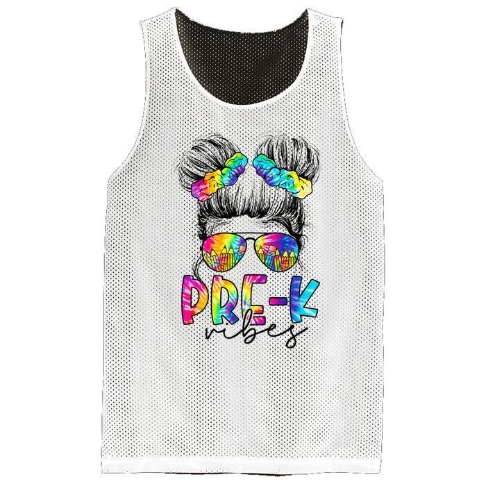 Pre K Vibes Messy Bun Back To School First Day Tie Dye Mesh Reversible Basketball Jersey Tank