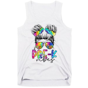 Pre K Vibes Messy Bun Back To School First Day Tie Dye Tank Top